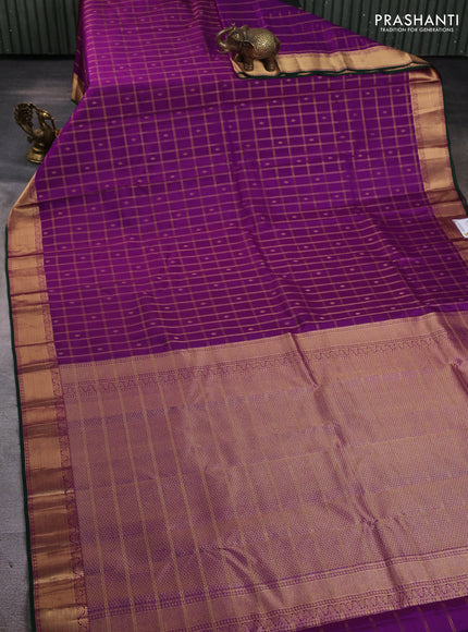 Pure kanchipuram silk saree purple and green with allover zari checks & buttas and zari woven border