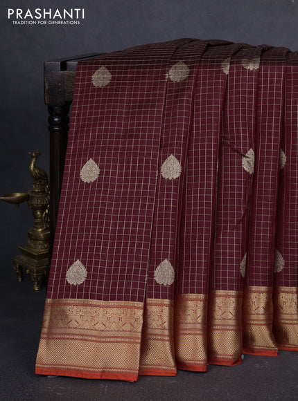Pure kanchipuram silk saree deep maroon and orange with allover zari checks & buttas and zari woven border