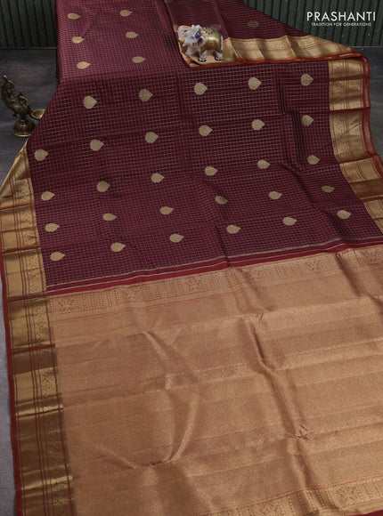 Pure kanchipuram silk saree deep maroon and orange with allover zari checks & buttas and zari woven border