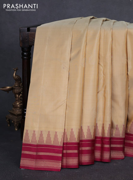 Pure kanchipuram silk saree cream and deep maroon with zari woven buttas and temple design zari woven border