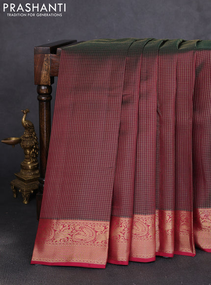 Pure kanchipuram silk saree dual shade of greenish maroon and maroon with allover small zari checked pattern and zari woven border