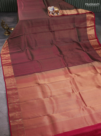 Pure kanchipuram silk saree dual shade of greenish maroon and maroon with allover small zari checked pattern and zari woven border