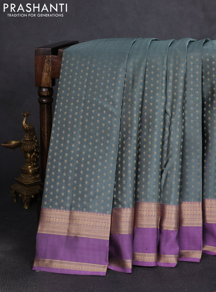 Pure kanchipuram silk saree greyish green and pastel purple with allover small zari checked pattern and rettapet zari woven border
