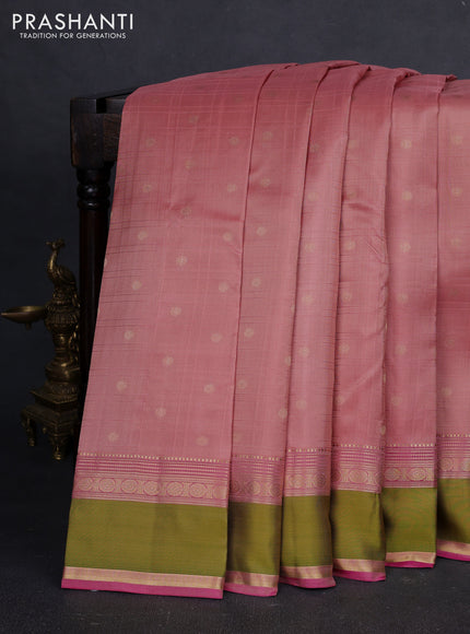 Pure kanchipuram silk saree pastel peach and pink with allover checks & zari buttas and zari woven simple border