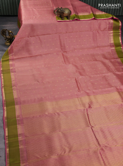 Pure kanchipuram silk saree pastel peach and pink with allover checks & zari buttas and zari woven simple border
