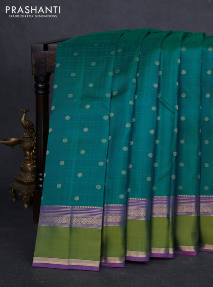 Pure kanchipuram silk saree teal green and purple with allover checks & zari buttas and zari woven simple border