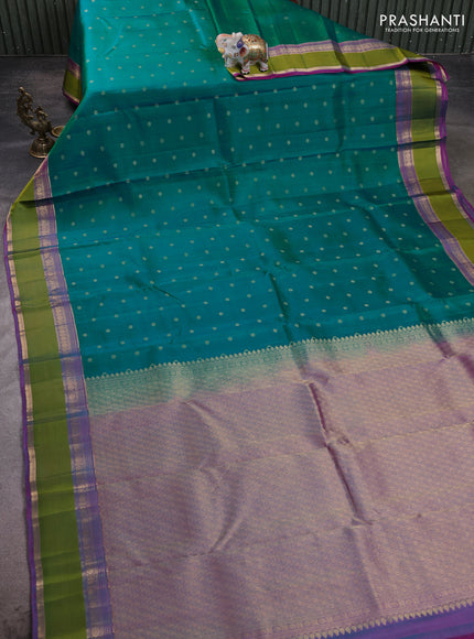 Pure kanchipuram silk saree teal green and purple with allover checks & zari buttas and zari woven simple border