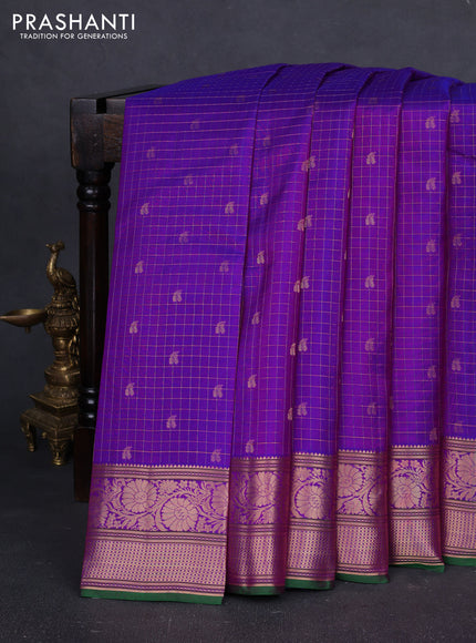 Pure kanchipuram silk saree purple and green with allover zari checks & buttas and zari woven border