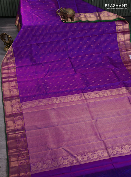 Pure kanchipuram silk saree purple and green with allover zari checks & buttas and zari woven border