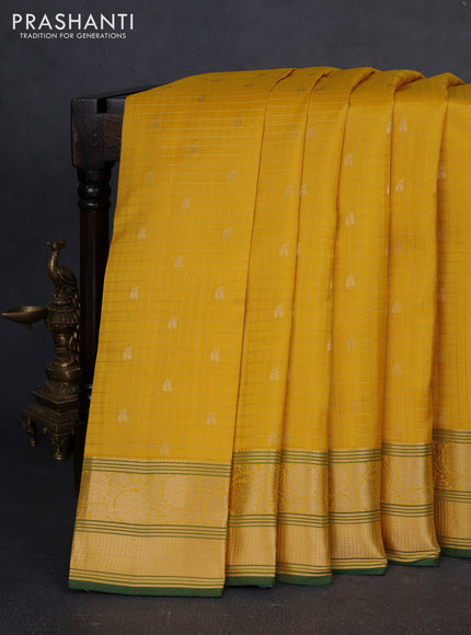 Pure kanchipuram silk saree yellow and green with allover zari checks & buttas and zari woven border