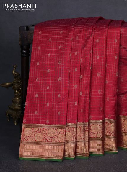 Pure kanchipuram silk saree red and green with allover zari checks & buttas and zari woven border