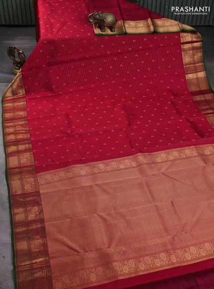 Pure kanchipuram silk saree red and green with allover zari checks & buttas and zari woven border