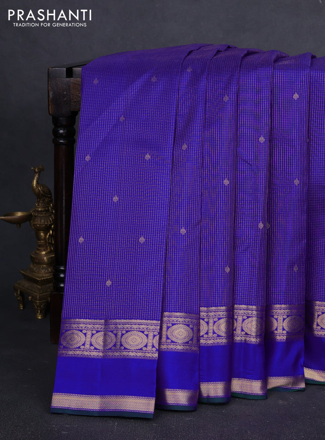 Pure kanchipuram silk saree royal blue and green with allover small checks & buttas and rettapet zari woven border