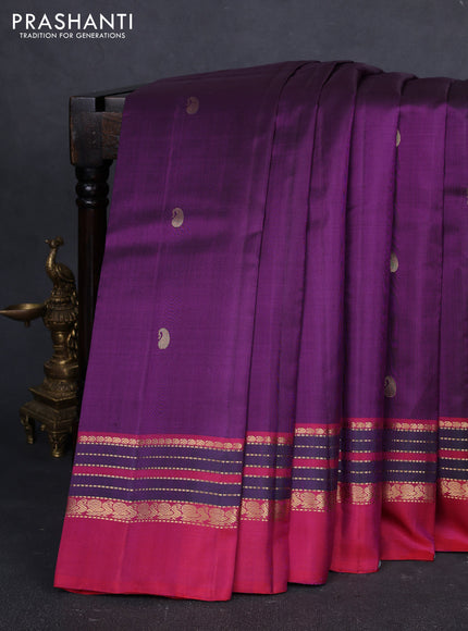 Pure kanchipuram silk saree purple and pink with paisley zari woven buttas and zari woven simple border