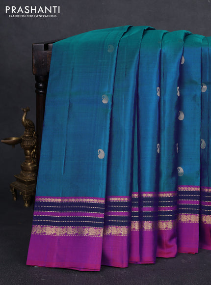 Pure kanchipuram silk saree cs blue and purple with paisley zari woven buttas and zari woven simple border