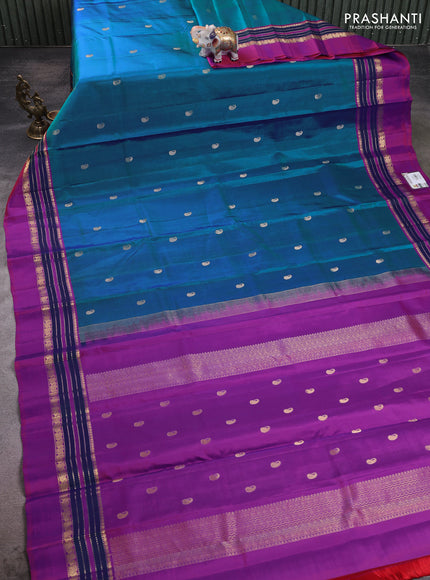 Pure kanchipuram silk saree cs blue and purple with paisley zari woven buttas and zari woven simple border