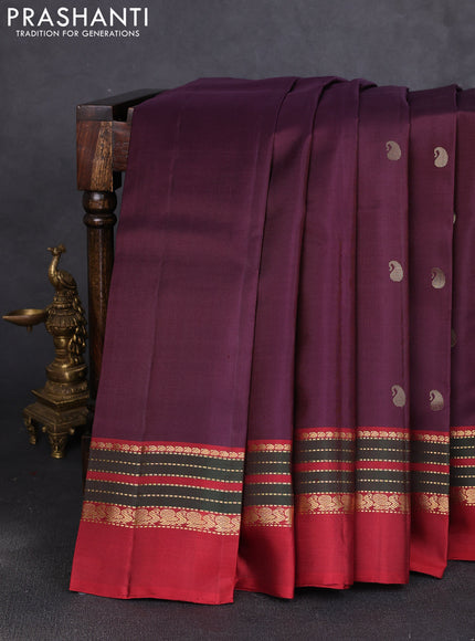 Pure kanchipuram silk saree deep wine and maroon with zari woven buttas and zari woven simple border