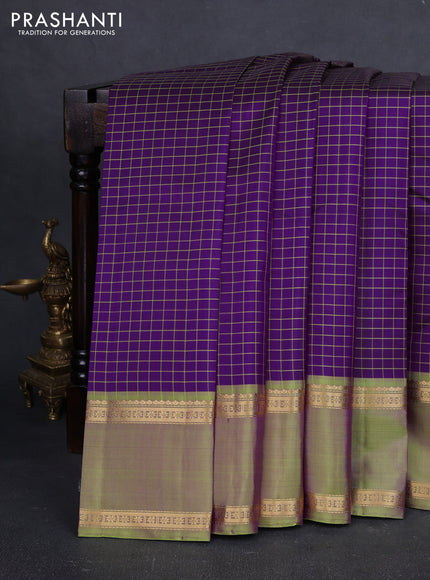 Pure kanchipuram silk saree purple and light green with allover thread checked pattern and rettapet zari woven border