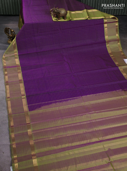 Pure kanchipuram silk saree purple and light green with allover thread checked pattern and rettapet zari woven border