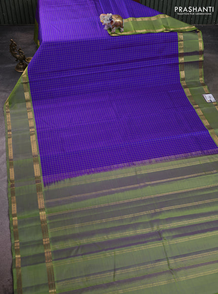 Pure kanchipuram silk saree royal blue and light green with allover thread checked pattern and rettapet zari woven border