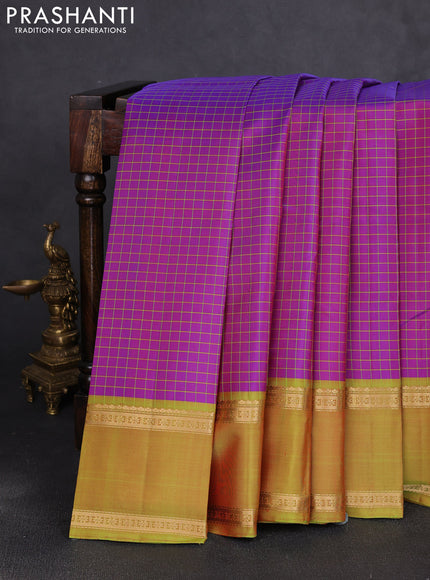 Pure kanchipuram silk saree purple and light green with allover thread checked pattern and rettapet zari woven border