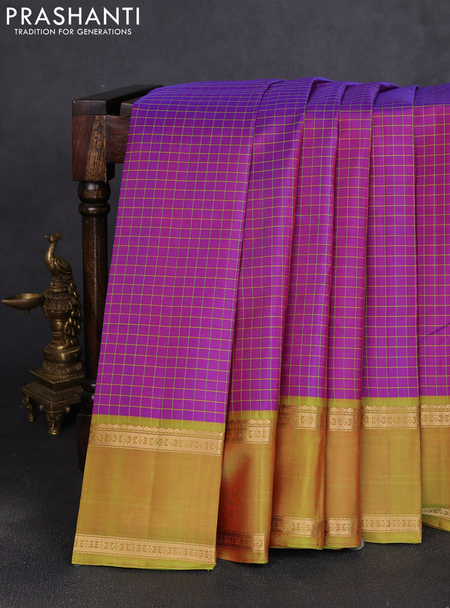 Pure kanchipuram silk saree purple and light green with allover thread checked pattern and rettapet zari woven border
