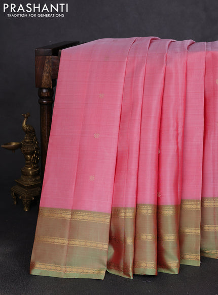 Pure kanchipuram silk saree pink and teal green with zari woven buttas and zari woven border