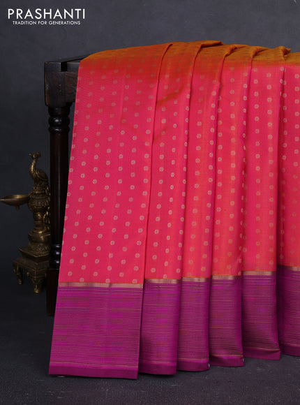 Pure kanchipuram silk saree dual shade of pinkish yellow and purple with allover zari woven buttas and zari woven border