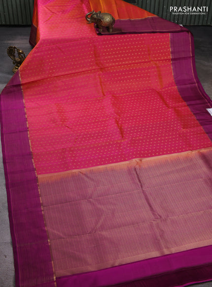 Pure kanchipuram silk saree dual shade of pinkish yellow and purple with allover zari woven buttas and zari woven border