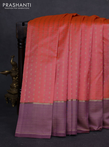 Pure kanchipuram silk saree peach shade and rosy brown with allover zari woven buttas and zari woven border