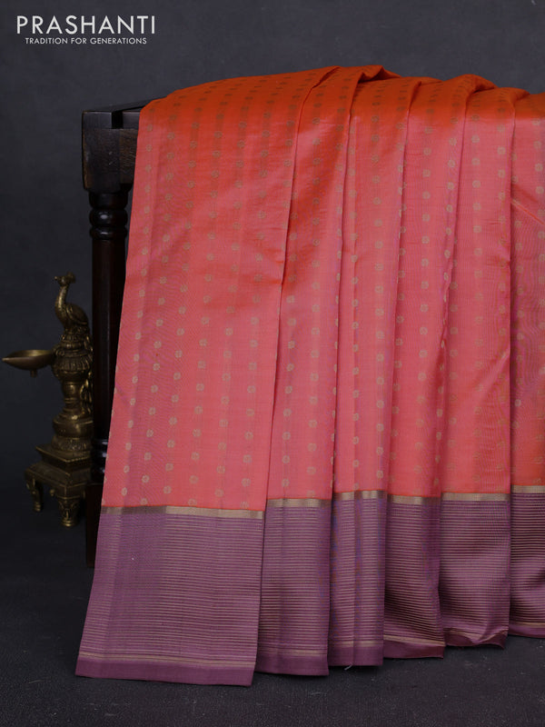 Pure kanchipuram silk saree peach shade and rosy brown with allover zari woven buttas and zari woven border
