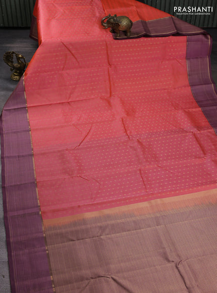 Pure kanchipuram silk saree peach shade and rosy brown with allover zari woven buttas and zari woven border