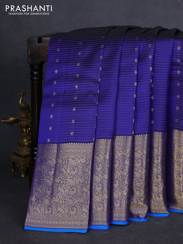 Pure kanchipuram silk saree navy blue and cs blue with allover zari weaves & buttas and long zari woven border