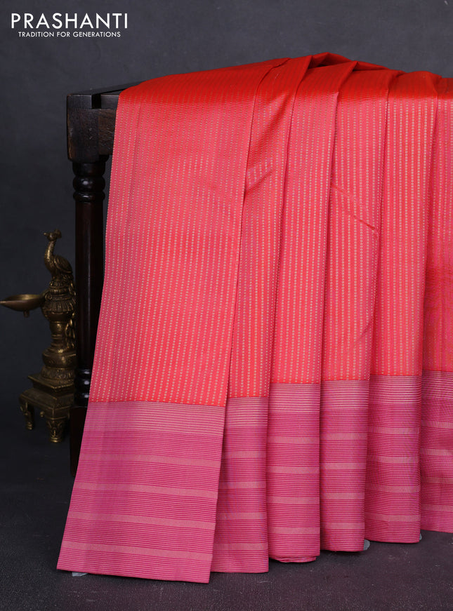 Pure kanchipuram silk saree peach orange and pink with allover zari weaves and long zari woven border