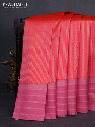 Pure kanchipuram silk saree peach orange and pink with allover zari weaves and long zari woven border