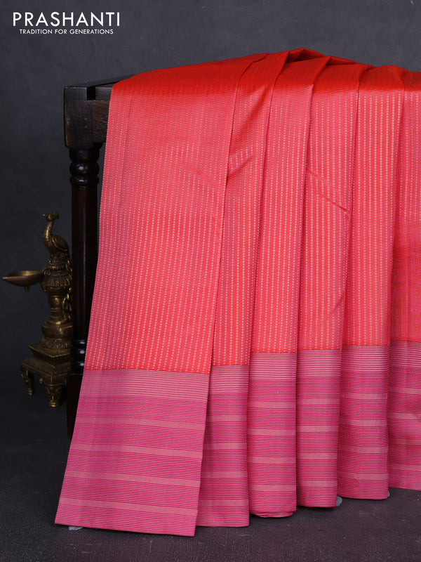 Pure kanchipuram silk saree peach orange and pink with allover zari weaves and long zari woven border
