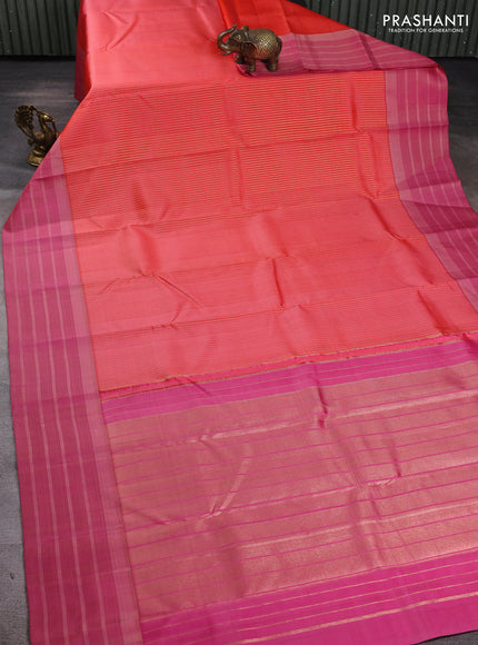 Pure kanchipuram silk saree peach orange and pink with allover zari weaves and long zari woven border