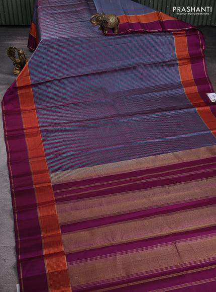 Pure kanchipuram silk saree teal blue and wine shade with allover stripe pattern and rettapet zari woven border