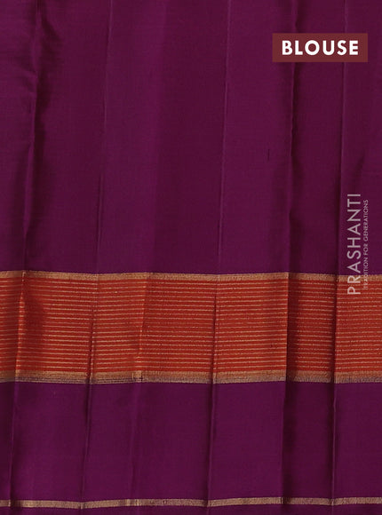 Pure kanchipuram silk saree teal blue and wine shade with allover stripe pattern and rettapet zari woven border