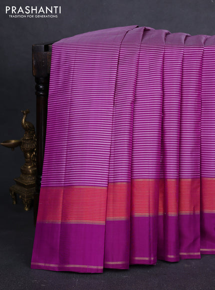Pure kanchipuram silk saree purple with allover stripe pattern and rettapet zari woven border