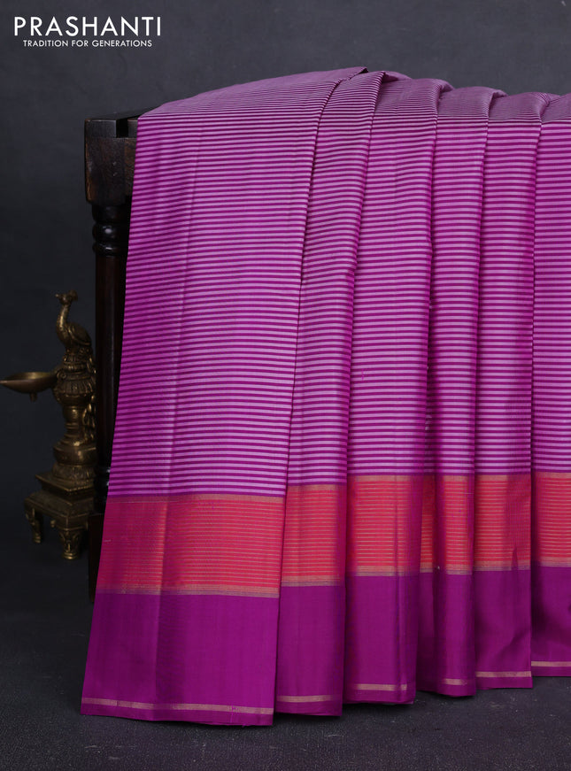 Pure kanchipuram silk saree purple with allover stripe pattern and rettapet zari woven border