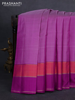 Pure kanchipuram silk saree purple with allover stripe pattern and rettapet zari woven border