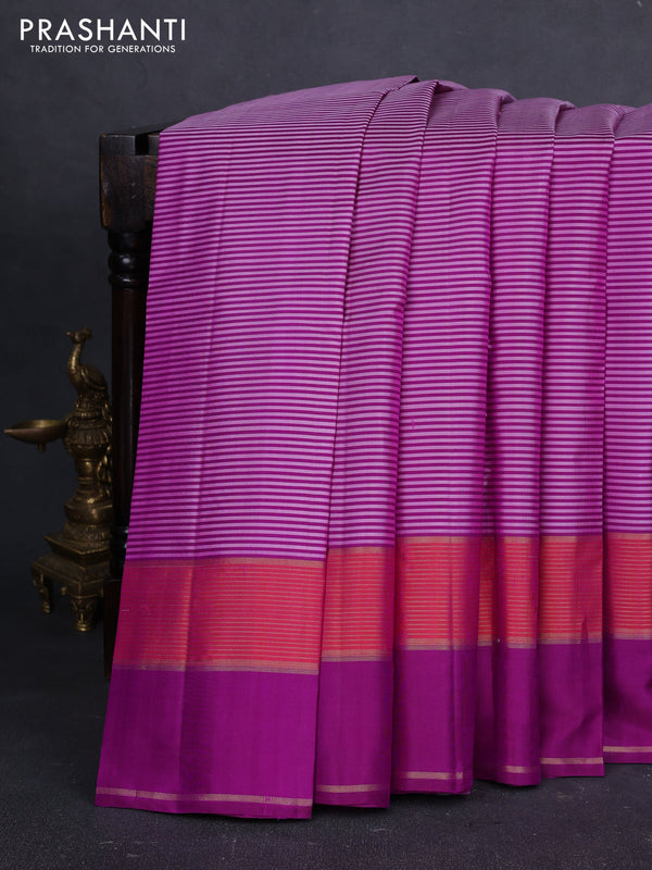 Pure kanchipuram silk saree purple with allover stripe pattern and rettapet zari woven border