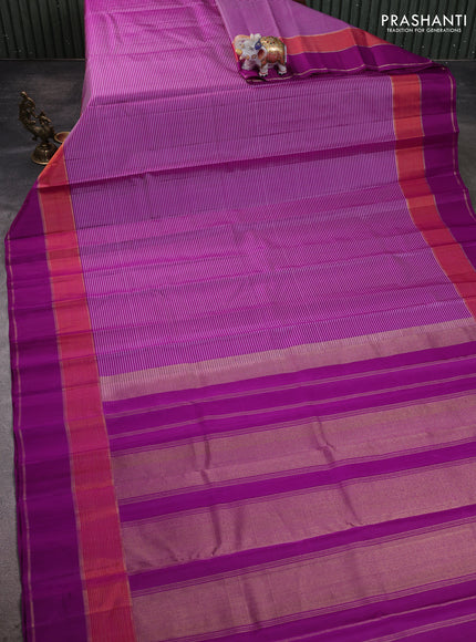 Pure kanchipuram silk saree purple with allover stripe pattern and rettapet zari woven border