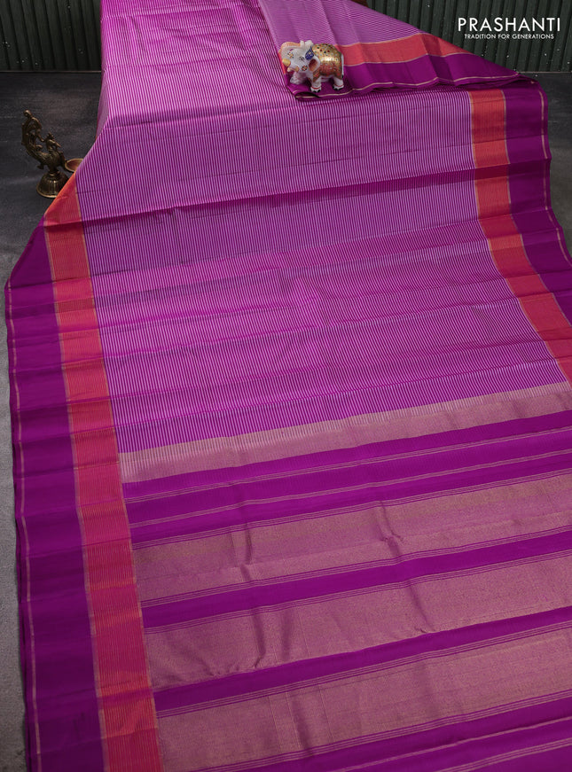 Pure kanchipuram silk saree purple with allover stripe pattern and rettapet zari woven border