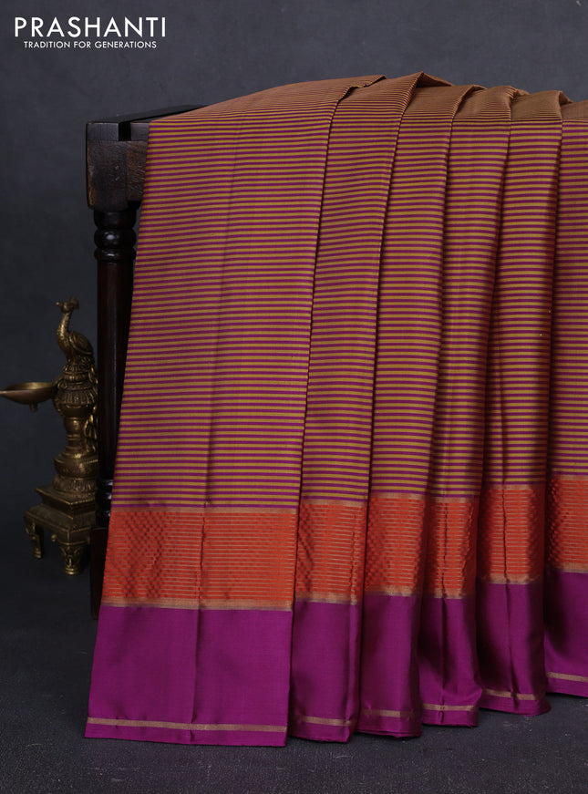 Pure kanchipuram silk saree purple with allover stripe pattern and rettapet zari woven border