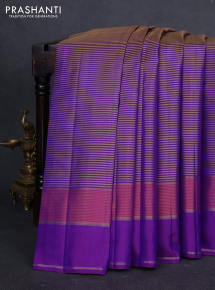 Pure kanchipuram silk saree purple with allover stripe pattern and rettapet zari woven border