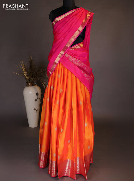 Pure kanchipuram silk lehenga dhawani mango yellow and pink with zari woven buttas and rich zari woven border