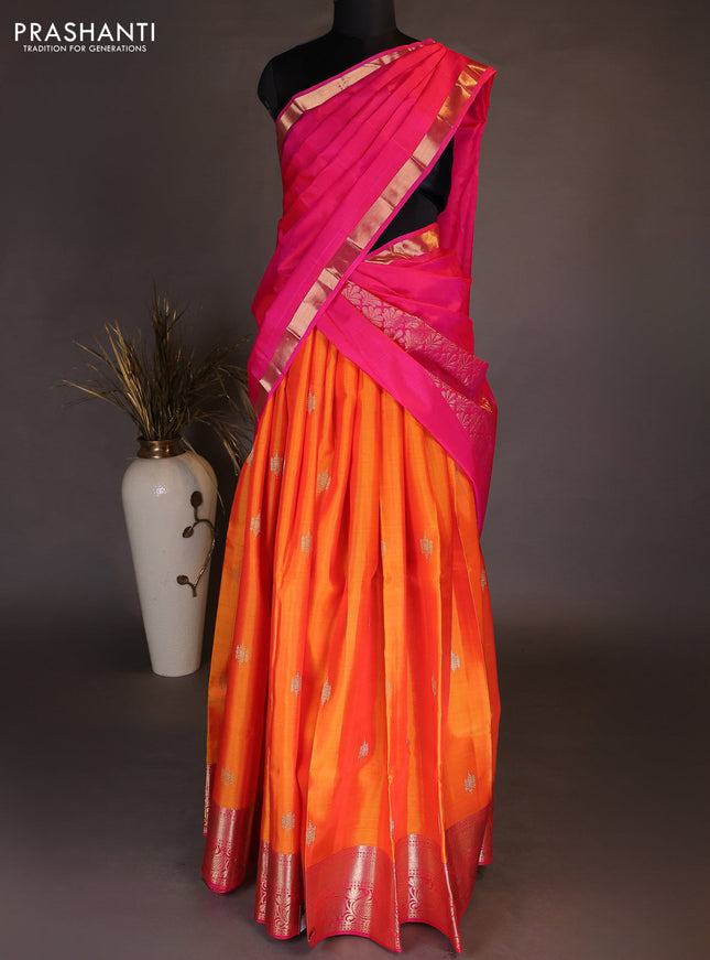 Pure kanchipuram silk lehenga dhawani mango yellow and pink with zari woven buttas and rich zari woven border