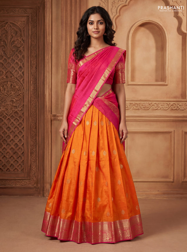Pure kanchipuram silk lehenga dhawani mango yellow and pink with zari woven buttas and rich zari woven border